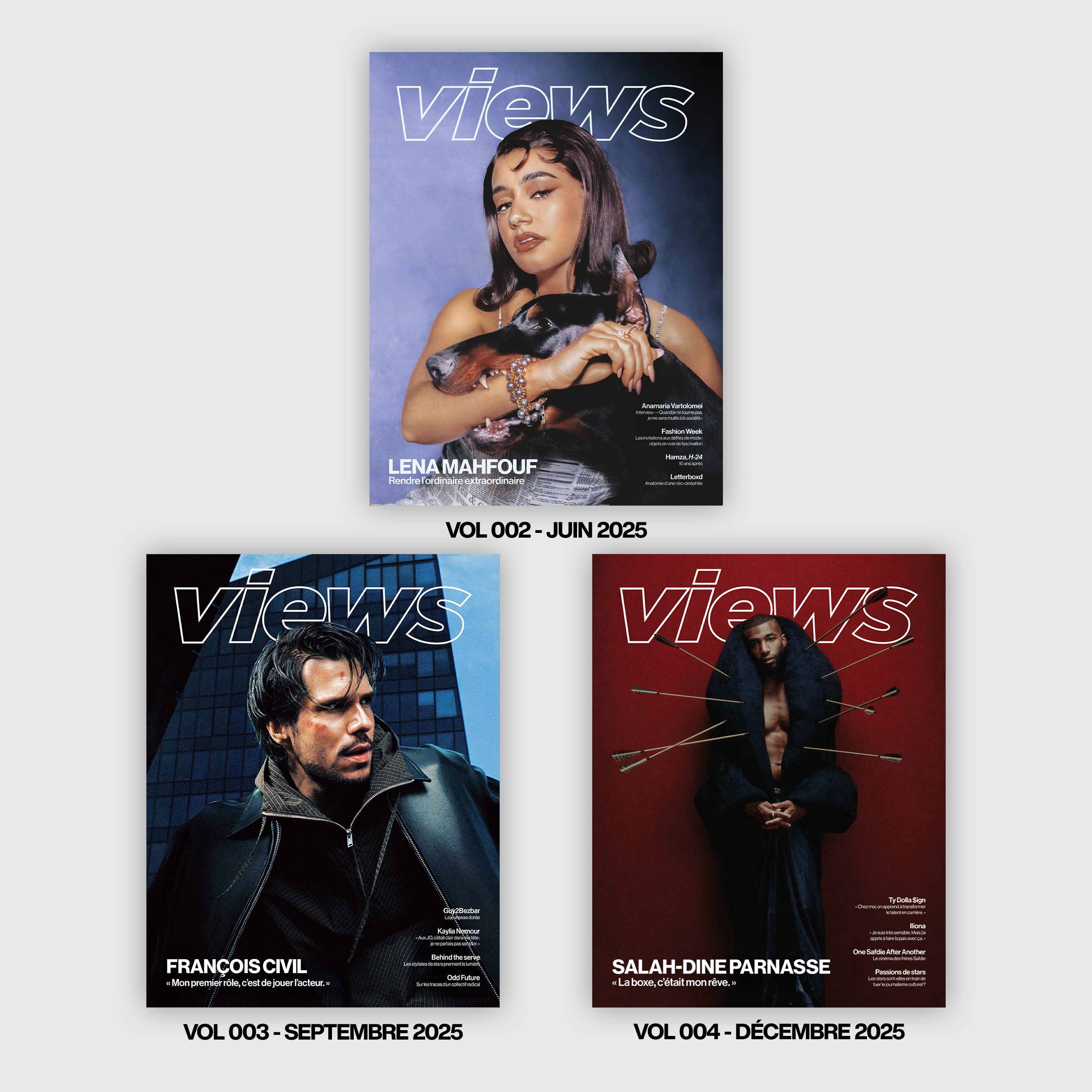 Grille des trois couvertures Views Magazine — 002 Lena Mahfouf, 003 François Civil, 004 Salah-Dine Parnasse