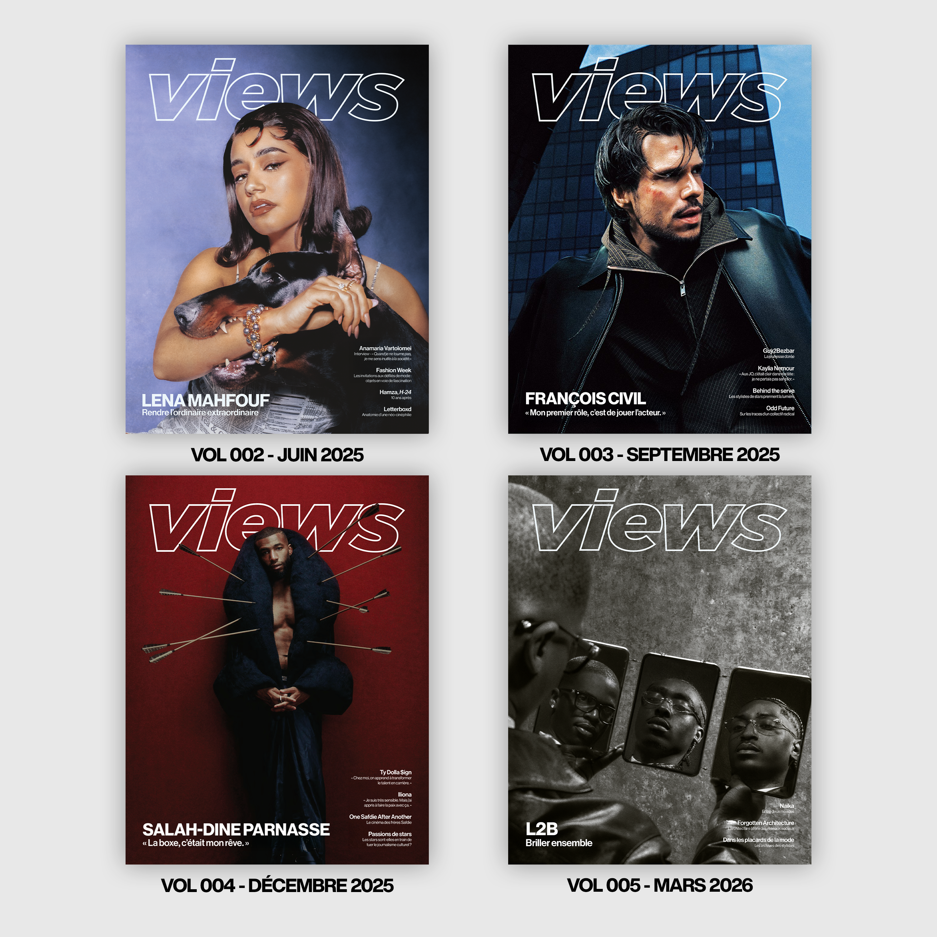 Pack Collector Views Magazine — 002, 003, 004, 005 — grille des quatre couvertures